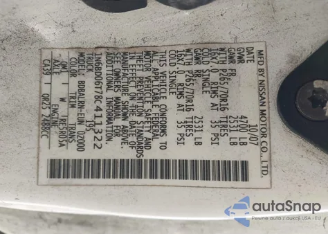 2008 Nissan Frontier Se-I4 из США, поврежденный, VIN 1N6BD06T78C411322